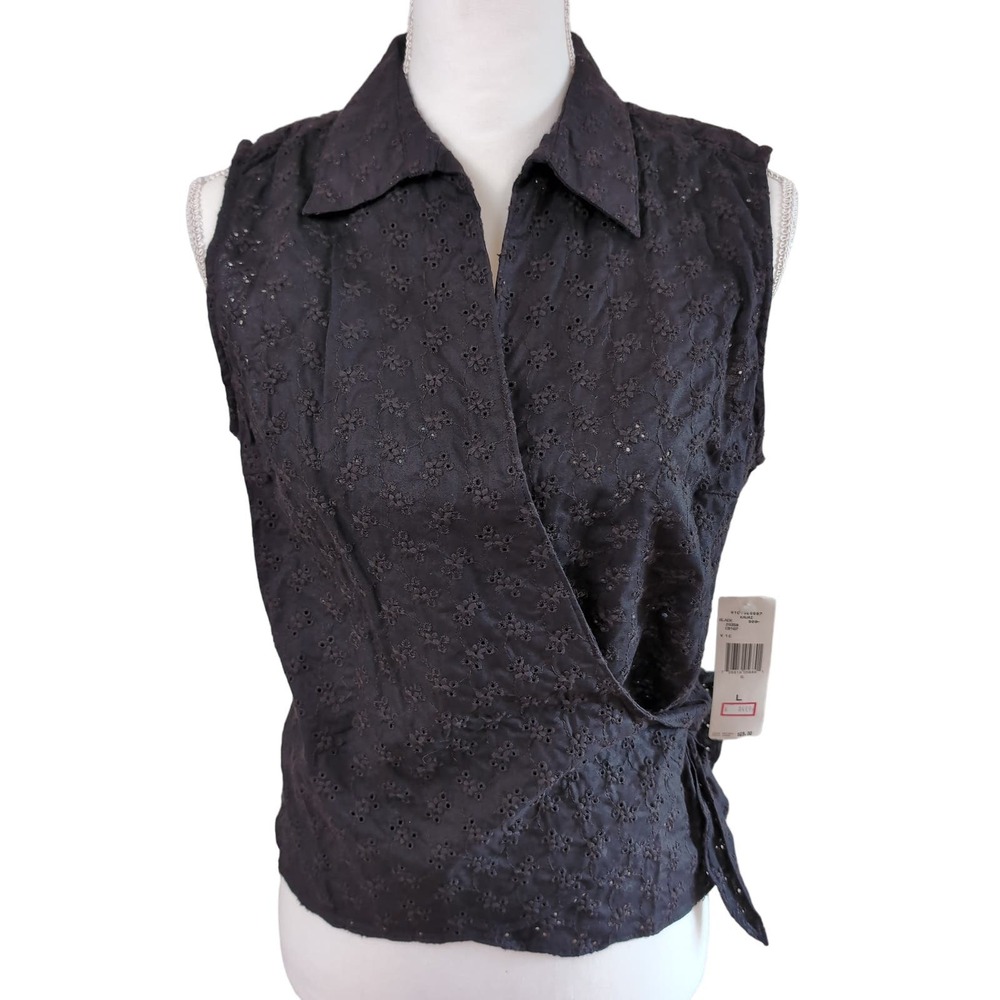NWT Lauren Ralph Lauren Black Lace Sleeveless Wrap Top Size L